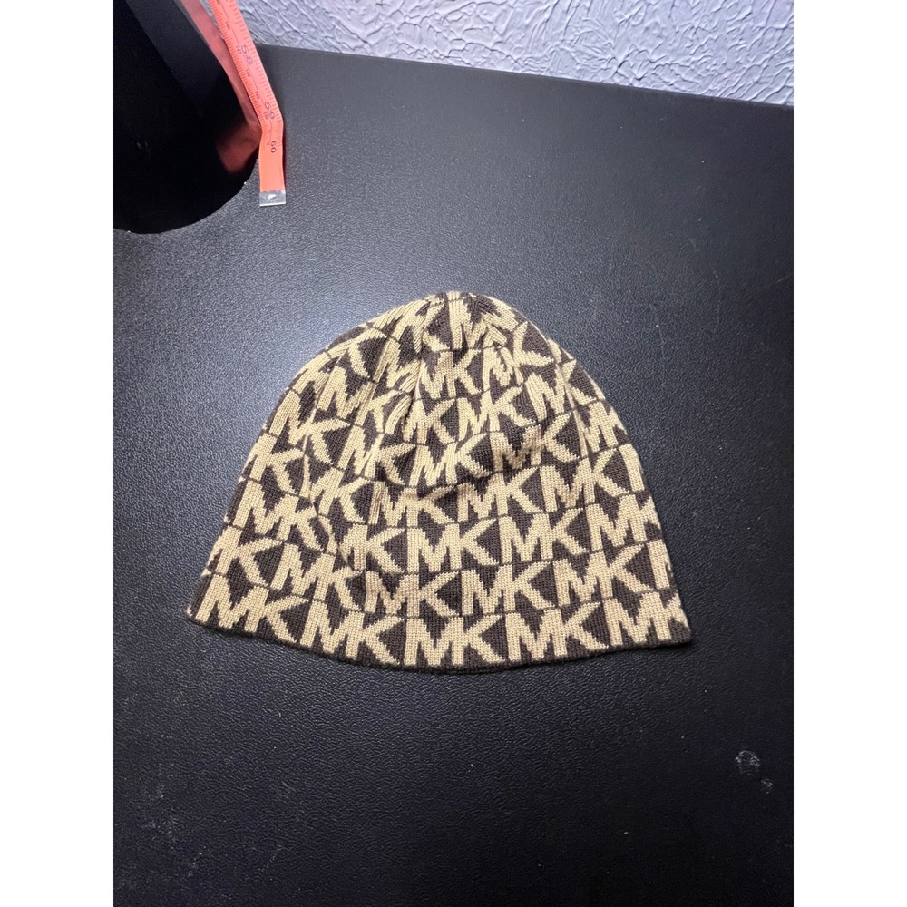 Michael Kors Womens‎ Monogram Logo Knit Beanie Hat Brown Tan One Size O/S